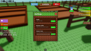 Grow A Garden 2 settings menu with redeem code area