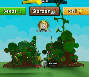 Grow A Garden 2 top UI with Seeds Garden and Sell buttons